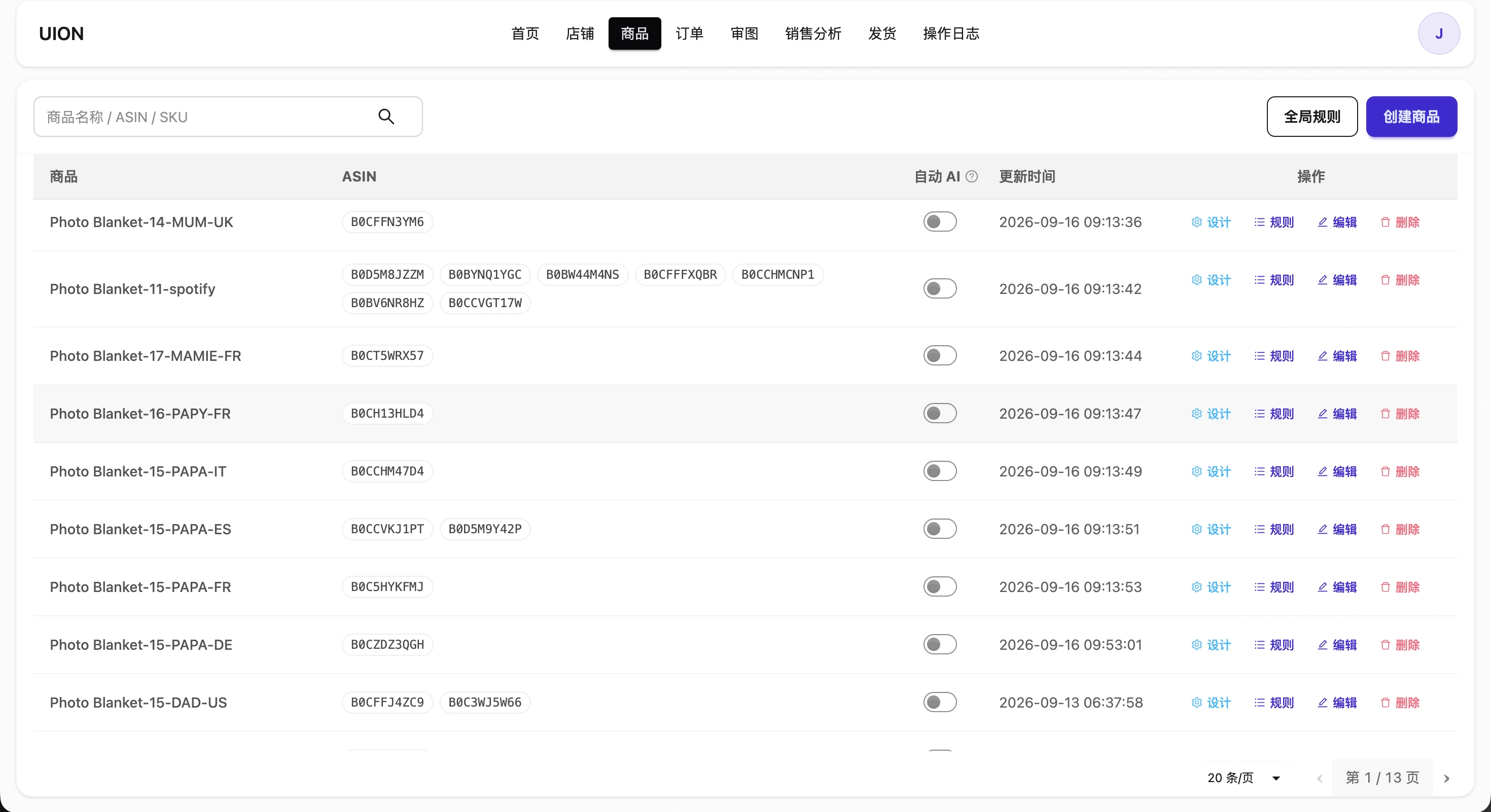 商品工作台：商品数据、ASIN、自动 AI 状态和管理动作